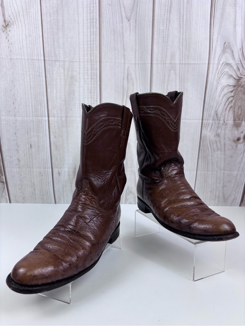Vintage Justin Boots Smooth Quill Ostrich Leather Western Roper Cowboy Brown 9B - Picture 3 of 14